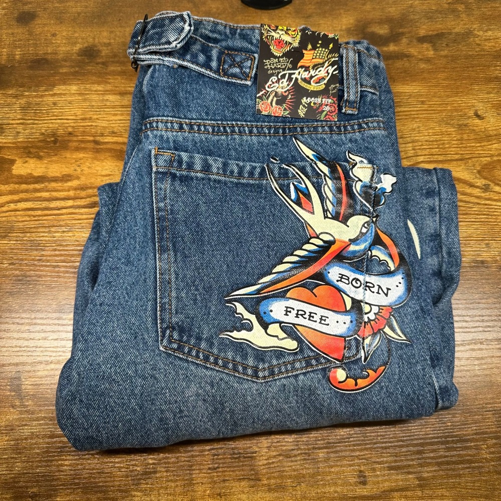 NEW Ed Hardy Womens Loose Fit Wide Leg Jeans Retro Med Born Free Tattoo Graphics